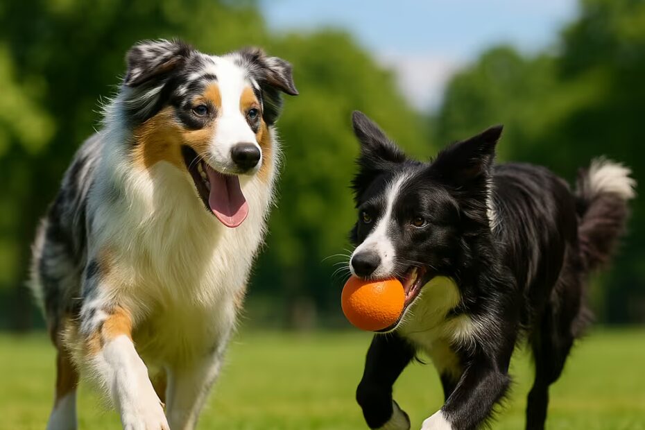 Berger Australien jouant à la balle avec un Border Collie dans un parc ensoleillé, herbe verte et arrière-plan légèrement flou.