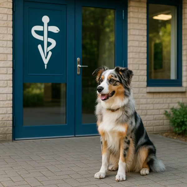 Berger Australien devant une clinique vétérinaire, porte bleue avec symbole médical