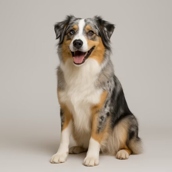 Berger Australien bleu merle assis en studio, un œil bleu et un œil brun