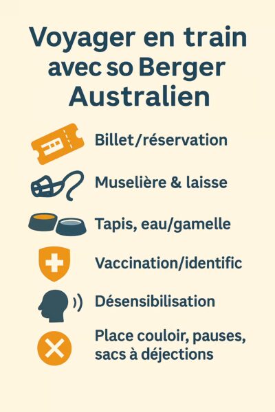 Infographie carrée « Voyager en train avec son Berger Australien » : rappel billet/réservation, muselière & laisse, tapis + eau/gamelle, identification & vaccins, désensibilisation au bruit/mouvement, place côté couloir, pauses et sacs à déjections.