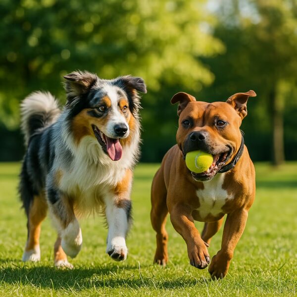 Photo-illustration lumineuse d’un Berger Australien jouant à la balle avec un Staffordshire Bull Terrier dans un parc.