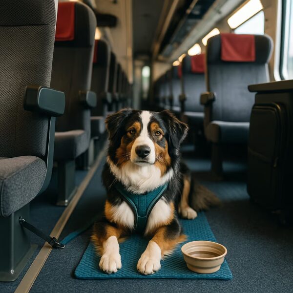 Berger Australien tricolore assis sur un tapis bleu dans un wagon de train, harnais et laisse sécurisée au pied du siège, petite gamelle pliante à côté, allée et sièges visibles.