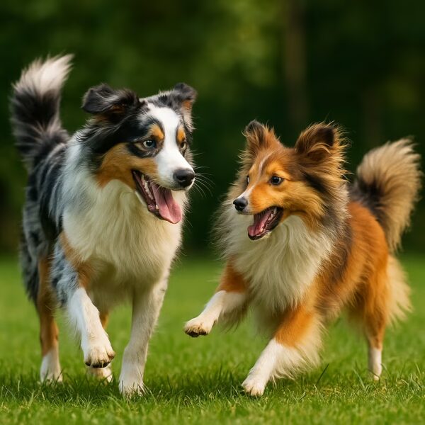 Berger Australien et Shetland Sheepdog courant et jouant côte à côte dans un parc