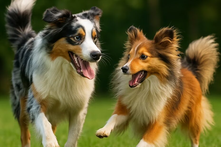 Berger Australien et Shetland Sheepdog courant et jouant côte à côte dans un parc