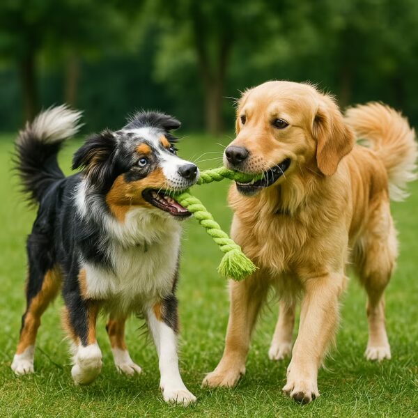 Berger Australien et Golden Retriever jouant au tir à la corde avec un jouet en corde dans l’herbe