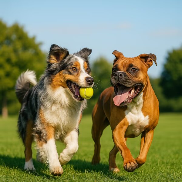 photo-illustration lumineuse d’un Berger Australien jouant à la balle avec un Boxer sur herbe, ciel bleu.
