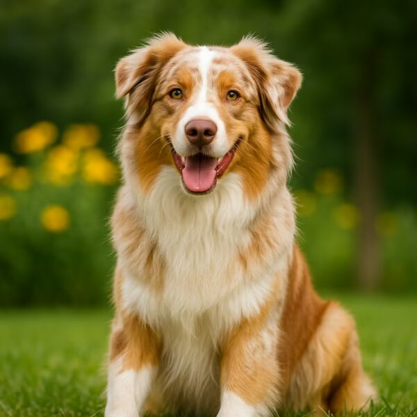 Berger Australien red merle assis sur une pelouse fleurie en extérieur