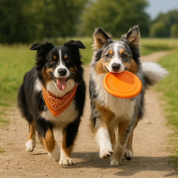 Deux Bergers Australiens courant côte à côte sur un chemin avec un frisbee