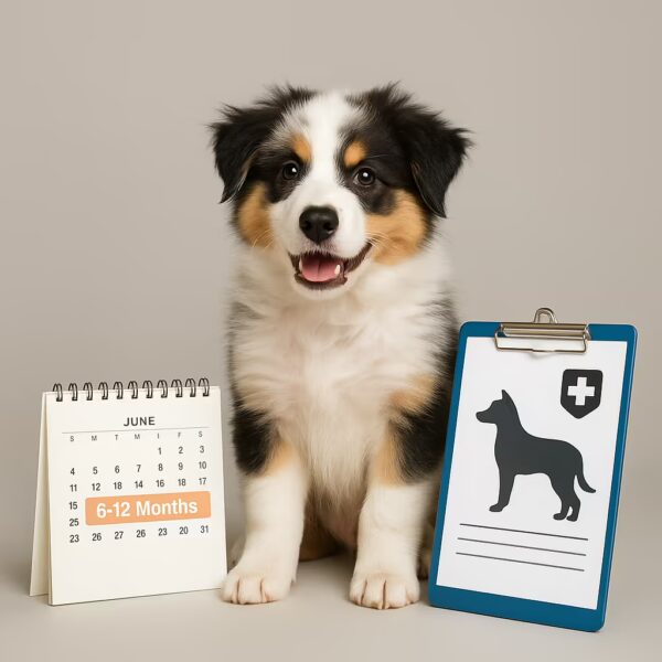 Chiot Berger Australien en studio entre un calendrier marqué 6–12 mois et un dossier vétérinaire