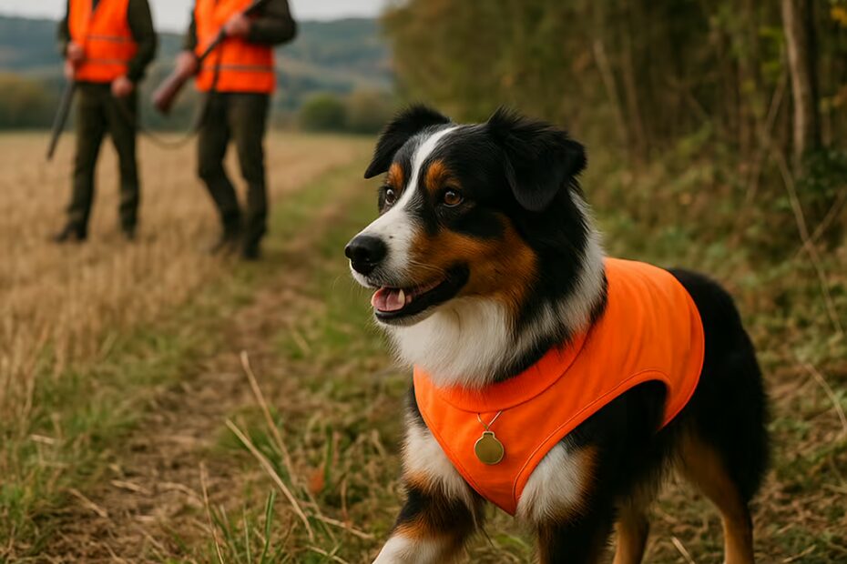 Berger Australien en forêt en position d’arrêt, chasseur à distance avec fusil porté en sécurité