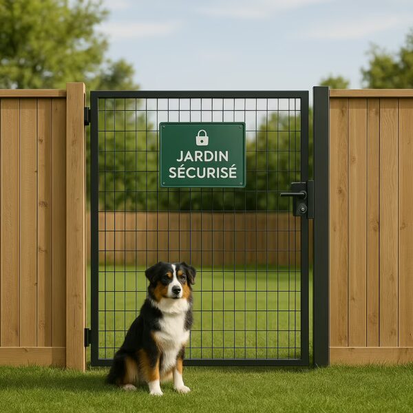 Jardin avec clôture renforcée et portillon sécurisé, Berger Australien à l’intérieur