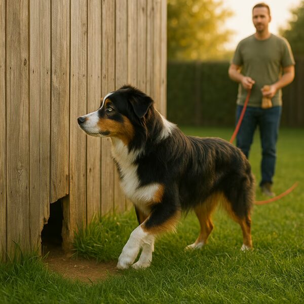 Berger Australien près d’un trou de clôture, maître avec longe et friandises