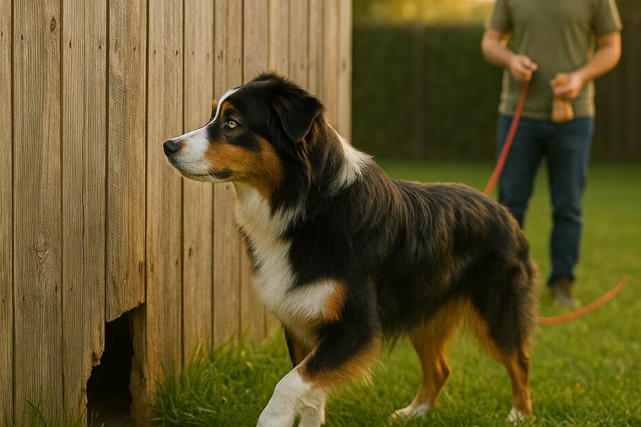 Berger Australien près d’un trou de clôture, maître avec longe et friandises