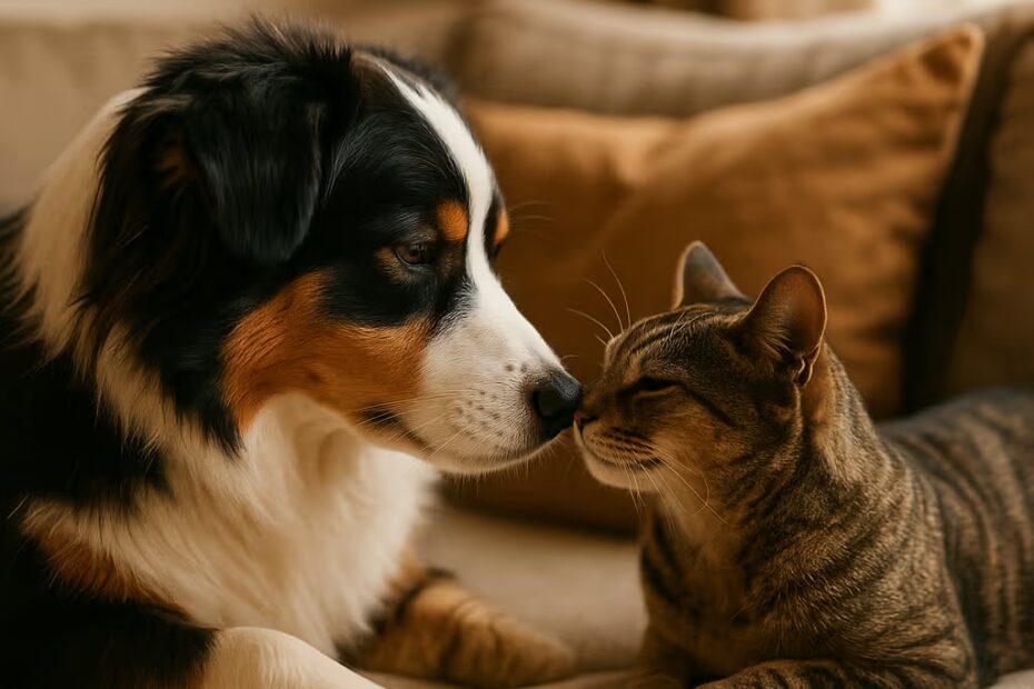 Berger Australien tricolore et chat tigré se touchant le museau sur un canapé, lumière douce et ambiance chaleureuse.