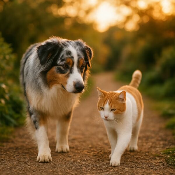 Berger Australien bleu merle et chat blanc et roux marchant côte à côte dans un jardin au coucher du soleil.