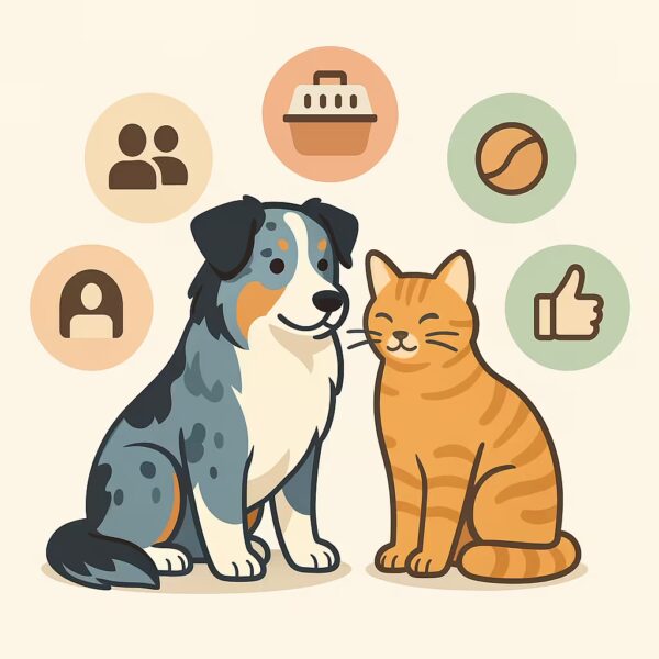 Infographie carrée présentant cinq conseils pour faire cohabiter un Berger Australien et un chat, avec icônes et titres clairs.