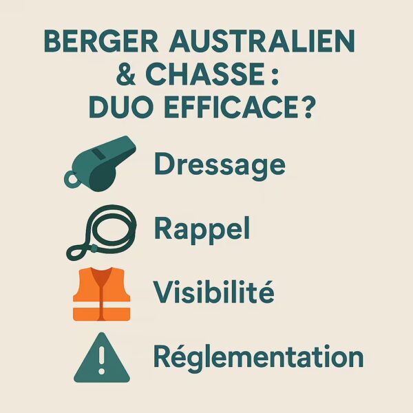 Infographie en français sur l’usage du Berger Australien à la chasse : dressage, rappel, visibilité, règles