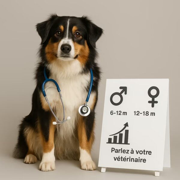 Berger Australien en studio avec stéthoscope et panneau indiquant mâle 6–12 m / femelle 12–18 m