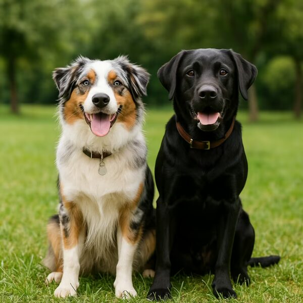 Berger Australien merle et Labrador Retriever noir assis côte à côte dans un parc, regard caméra