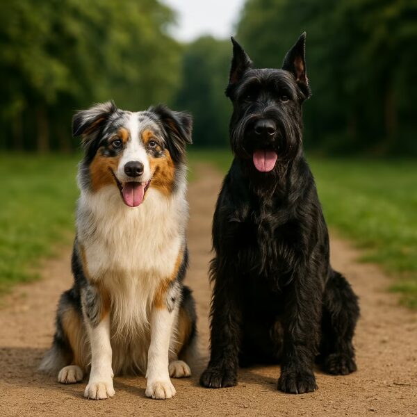 Berger Australien et Schnauzer géant assis sur un chemin de parc, regard caméra
