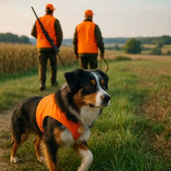 Berger Australien dans un champ, deux chasseurs en gilet orange au second plan