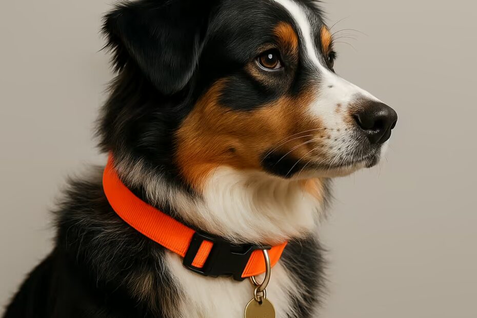 Berger Australien en studio, collier orange fluo et médaille, fond neutre