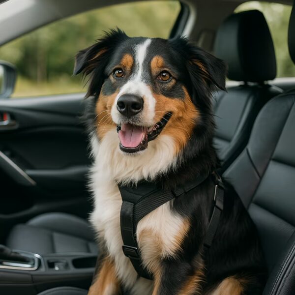 Berger Australien assis sur la banquette arrière d’une voiture, harnais attaché, regard tourné vers l’objectif.