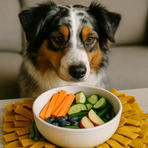 Berger Australien observant un bol de légumes et fruits adaptés : bâtonnets de carotte, rondelles de concombre, quartiers de pomme sans pépins, myrtilles, haricots verts cuits ; posé sur un tapis de fouille jaune