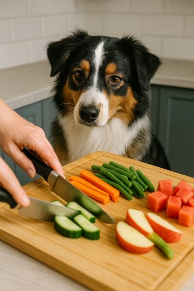 Gros plan sur un Berger Australien regardant une planche avec légumes/fruits adaptés : courgette, carotte, haricots verts cuits, cubes de pastèque sans pépins ; main coupant les tranches au couteau.