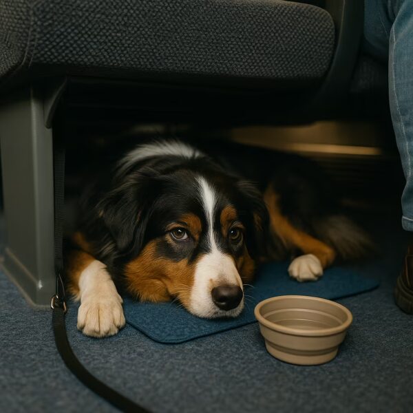 Berger Australien tricolore couché sur un tapis sous un siège de train, laisse attachée, gamelle pliante à portée, ambiance calme et cosy.