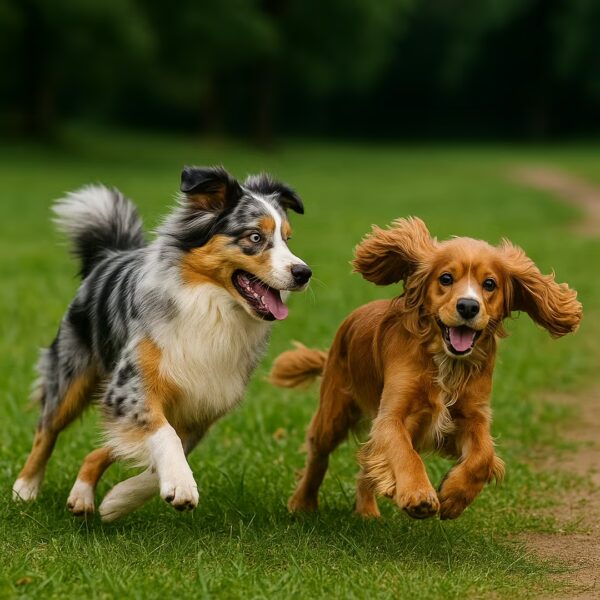 Berger Australien courant et jouant avec un Cocker Spaniel dans l’herbe