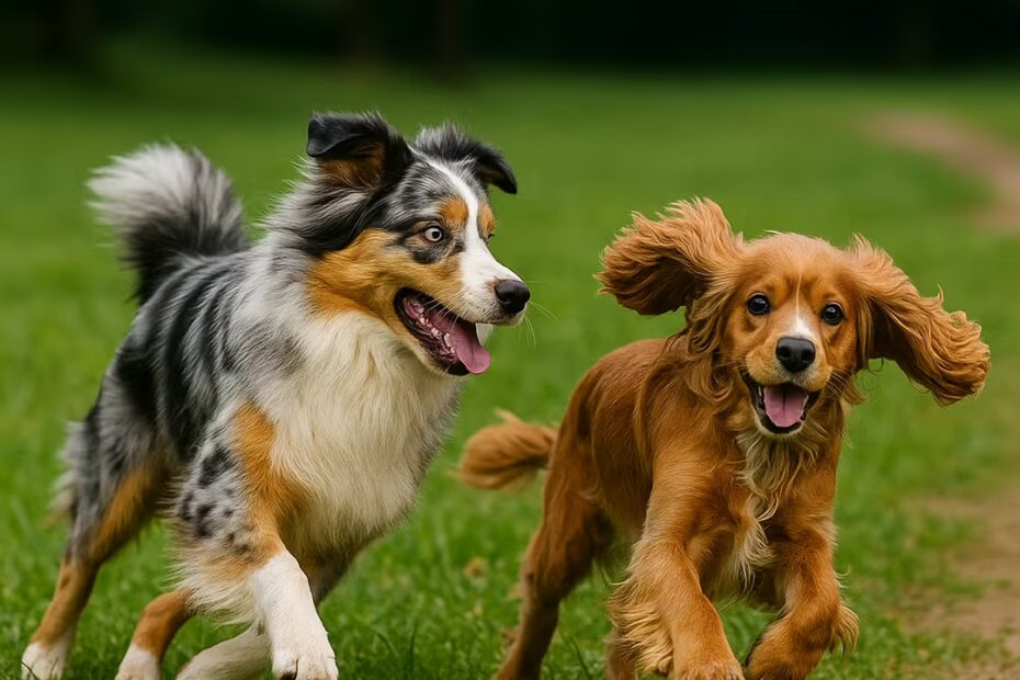 Berger Australien courant et jouant avec un Cocker Spaniel dans l’herbe