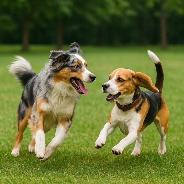 « Berger Australien courant aux côtés d’un Beagle en plein jeu dans un parc »