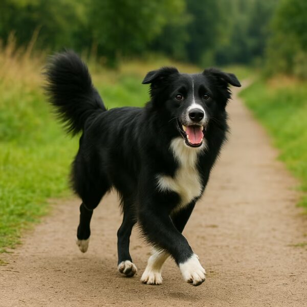 Berger Australien noir bicolore trottant sur un chemin en extérieur