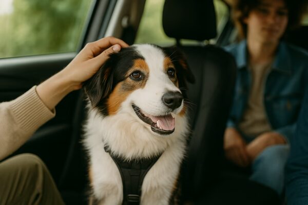 Berger Australien assis à l’arrière d’une voiture avec ses humains, ambiance lumineuse, harnais attaché.