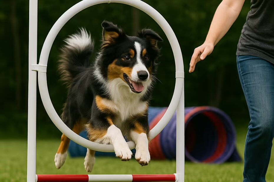 Berger Australien sautant à travers un anneau d’agility sur herbe, guide à côté