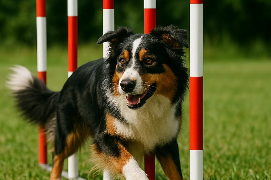 Berger Australien slalomant entre des piquets rouges et blancs sur pelouse