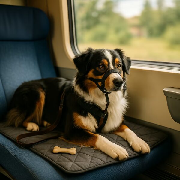Berger Australien tricolore allongé sur un tapis devant la fenêtre d’un train, harnais et muselière, laisse posée, paysage flou à l’extérieur.