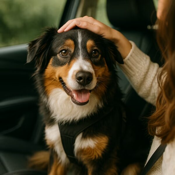 Berger Australien à l’intérieur d’une voiture, caressé par sa propriétaire, harnais visible.