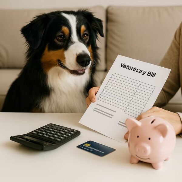 Berger Australien tricolore assis près de son propriétaire qui tient une facture vétérinaire sur une table blanche, avec tirelire, calculatrice et carte bancaire.