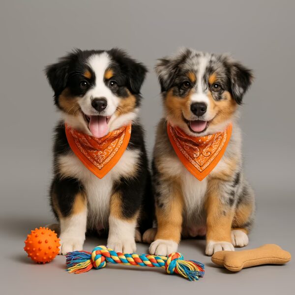 Deux chiots Berger Australien en studio avec bandanas et jouets