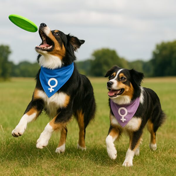 Deux Bergers Australiens courant dans un champ, l’un saute vers un frisbee, l’autre suit, bandanas bleu et violet