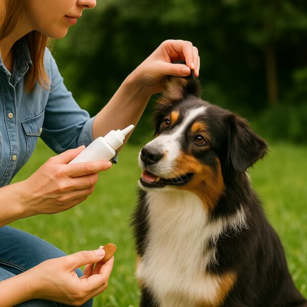 Femme appliquant une solution auriculaire dans l’oreille d’un Berger Australien, main prête avec friandise
