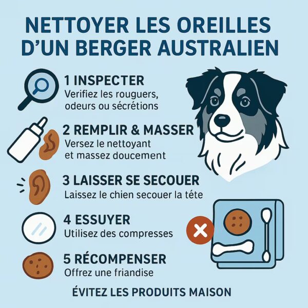 Infographie française des 5 étapes pour nettoyer les oreilles d’un chien avec pictogrammes