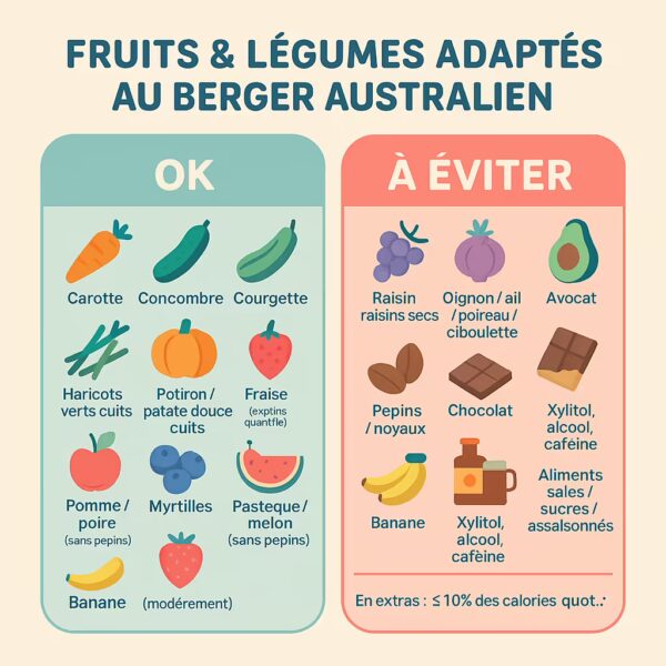 Infographie colorée listant les fruits/légumes OK pour un Berger Australien (carotte, concombre, courgette, haricots verts cuits, potiron/patate douce cuits, pomme/poire sans pépins, myrtilles, fraise, pastèque/melon sans pépins, banane modérée) et les à éviter (raisin/raisins secs, oignon/ail/poireau/ciboulette, avocat, pépins/noyaux, chocolat, xylitol, alcool, caféine, aliments salés/sucrés/assaisonnés).