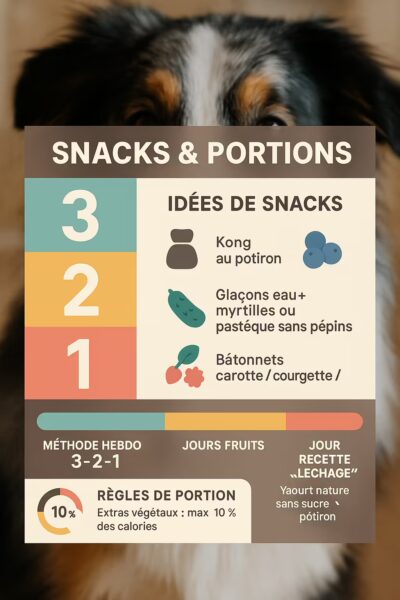 Infographie avec grandes zones “3–2–1” et icônes : idées de snacks (Kong au potiron, glaçons eau+myrtilles/pastèque sans pépins, bâtonnets carotte/courgette/haricots verts cuits), méthode hebdo (3 jours légumes, 2 jours fruits, 1 jour recette “léchage” yaourt nature sans sucre + potiron), rappel portions (extras végétaux ≤10% des calories).