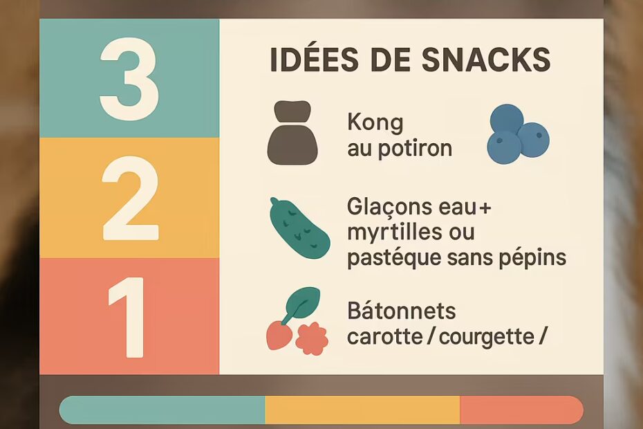 Infographie avec grandes zones “3–2–1” et icônes : idées de snacks (Kong au potiron, glaçons eau+myrtilles/pastèque sans pépins, bâtonnets carotte/courgette/haricots verts cuits), méthode hebdo (3 jours légumes, 2 jours fruits, 1 jour recette “léchage” yaourt nature sans sucre + potiron), rappel portions (extras végétaux ≤10% des calories).