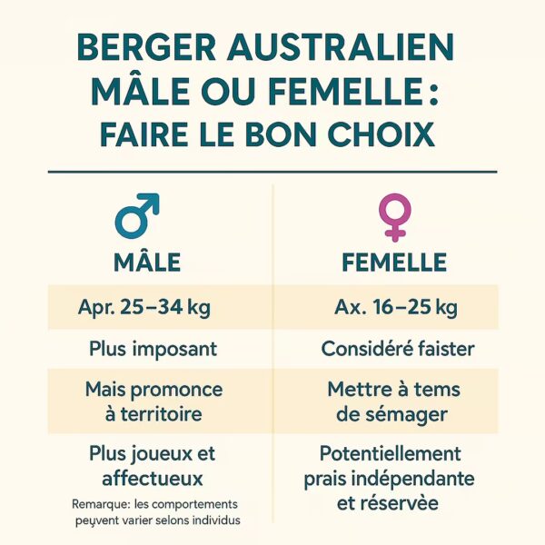 Infographie française comparant Berger Australien mâle et femelle : colonnes avec pictos, poids indicatifs et notes comportementales (rappel que chaque chien est unique)