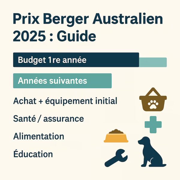 Infographie carrée « Prix Berger Australien 2025 : Guide » comparant budget 1re année vs années suivantes, avec barres et catégories : achat + équipement initial, santé/assurance, alimentation, éducation ; icônes lisibles.