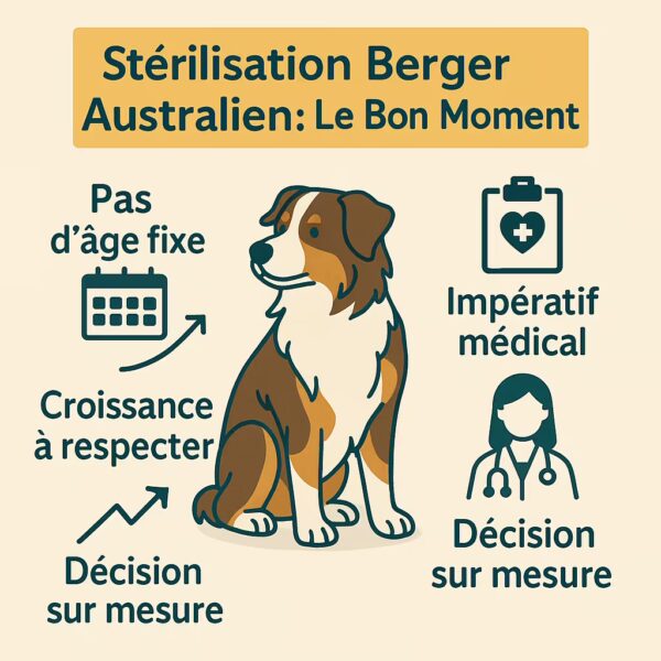 Infographie Stérilisation Berger Australien : pas d’âge fixe, décision personnalisée avec vétérinaire